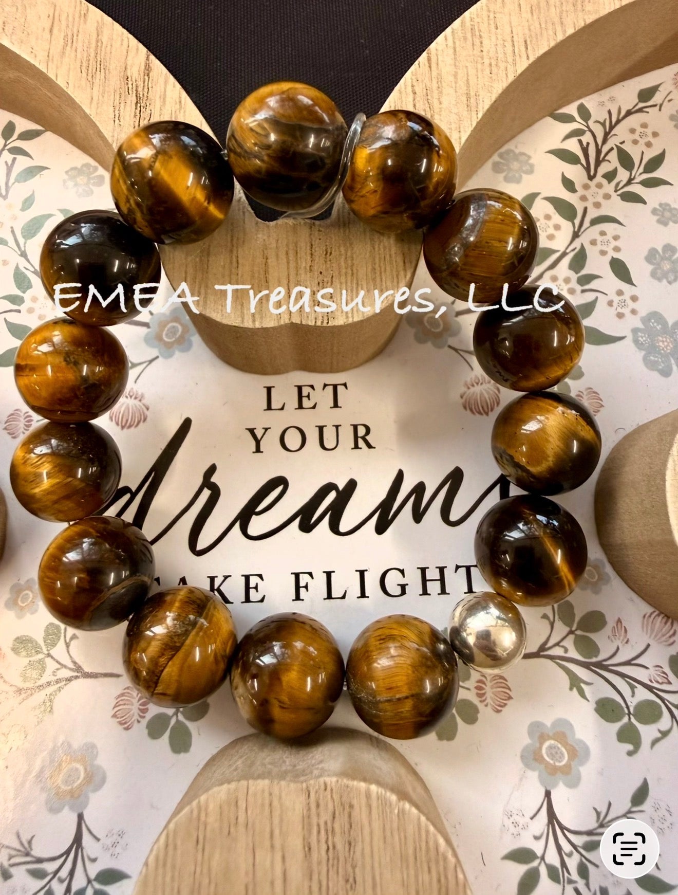 A - EMEA Treasures Handmade 14mm Tiger Eye Stones Stretch Bracelet with Sterling Silver Spacer
