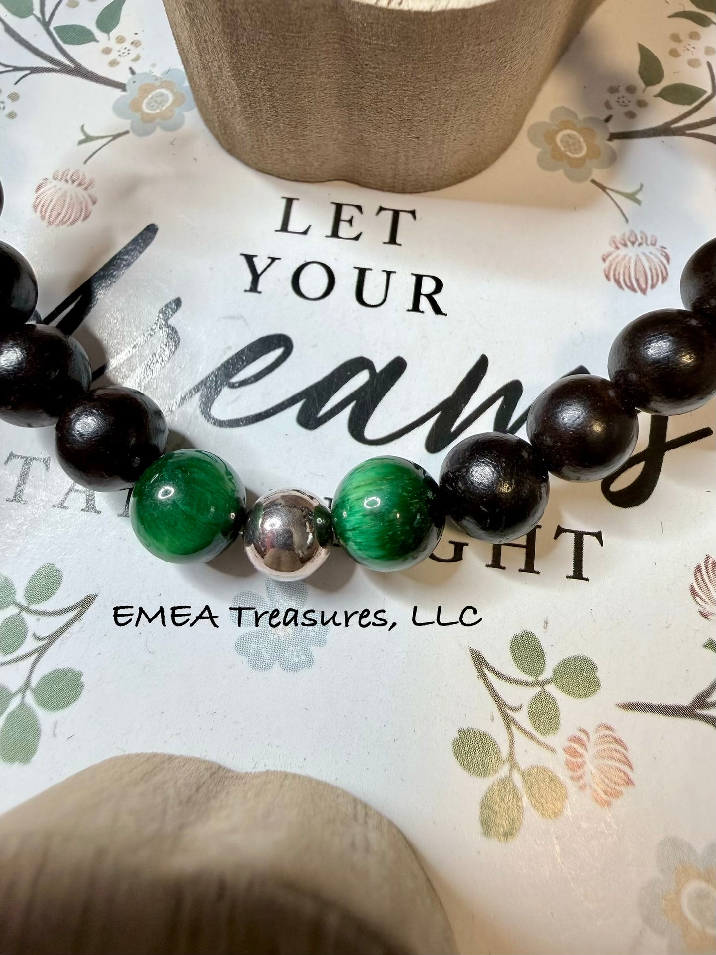 A - EMEA Treasures Handmade 8mm Granadilla Wood Beads and Tiger Eye Stones Stretch Bracelet with Sterling Silver Spacer