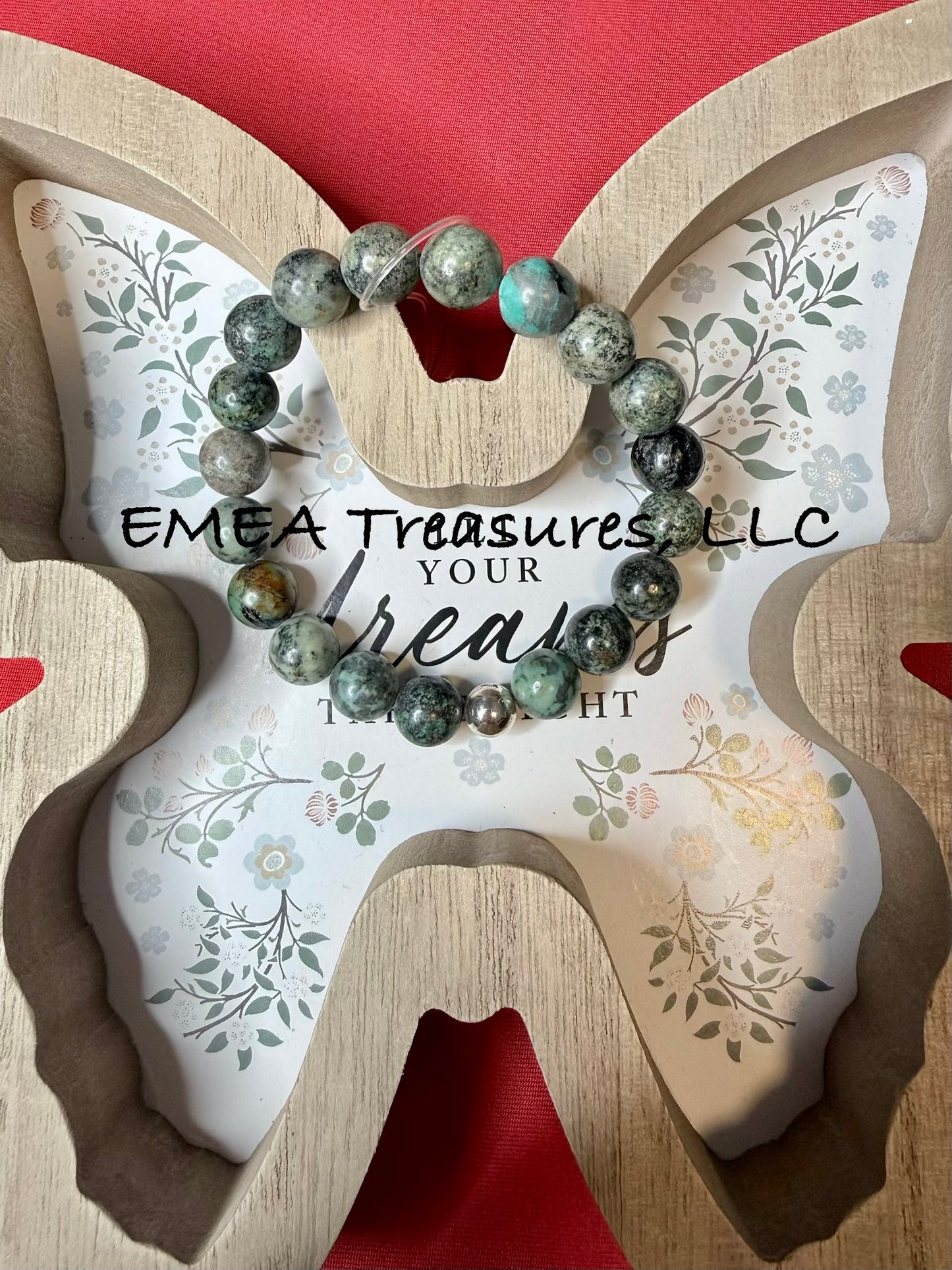 A - EMEA Treasures Handmade 10mm African Turquoise Stones Stretch Bracelet with Sterling Silver Spacer