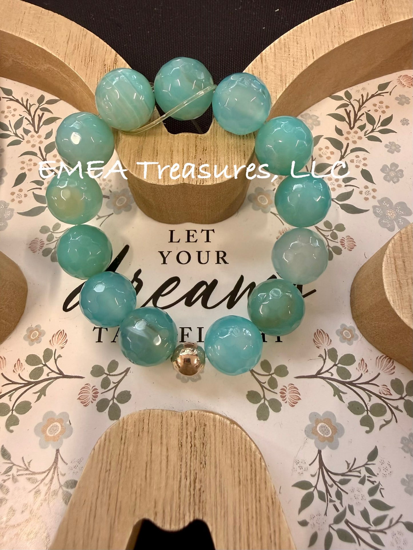 A - EMEA Treasures Handmade 14mm Agate Stone Stretch Bracelet with Sterling Silver Spacer