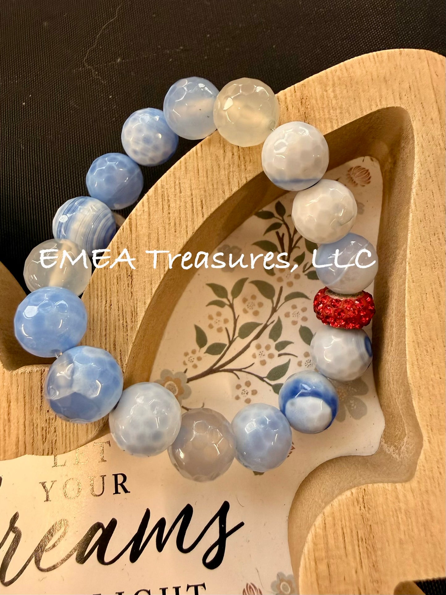 A - EMEA Treasures Handmade 12mm Agate Stone Stretch Bracelet with Red Bling and Silver-tone Spacer
