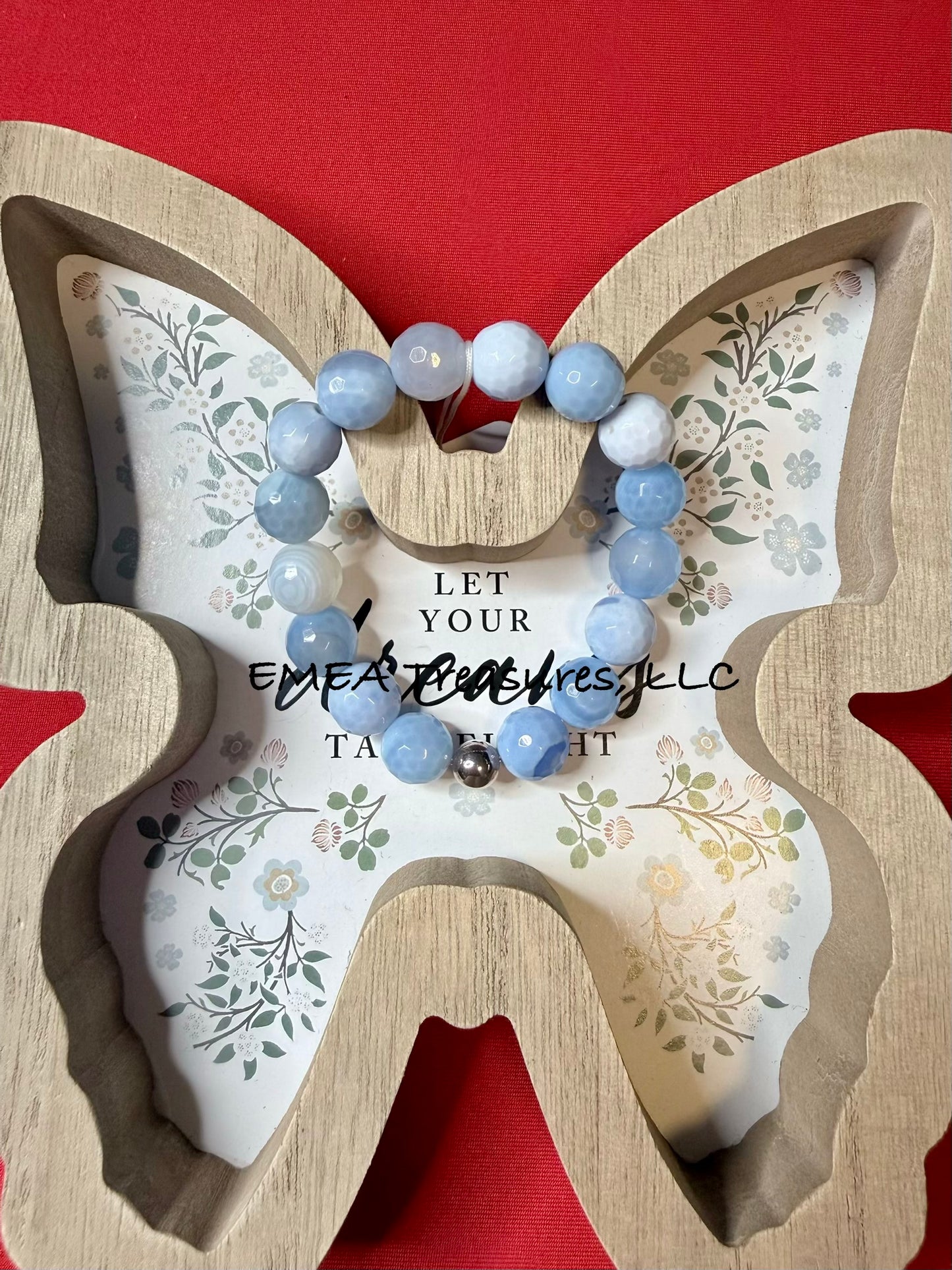 A - EMEA Treasures Handmade 12mm Agate Stone Stretch Bracelet with Sterling Silver Spacer