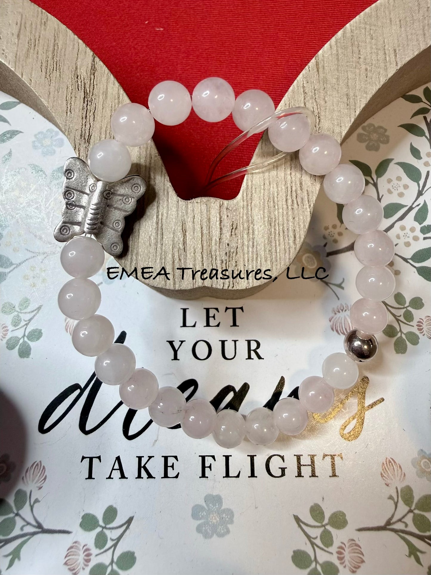 A - EMEA Treasures Handmade 6mm Rose Quartz Stones Stretch Bracelet with Sterling Silver Spacer and Sterling Silver Butterfly