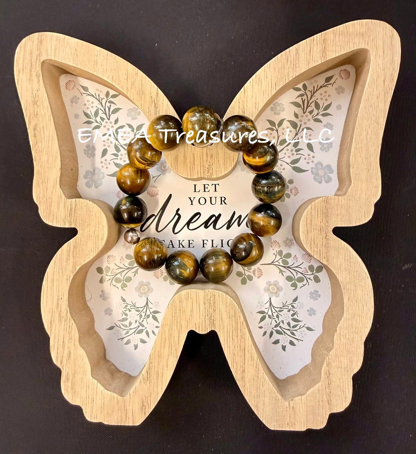 A - EMEA Treasures Handmade 16mm Tiger Eye Stones Stretch Bracelet with Sterling Silver Spacer