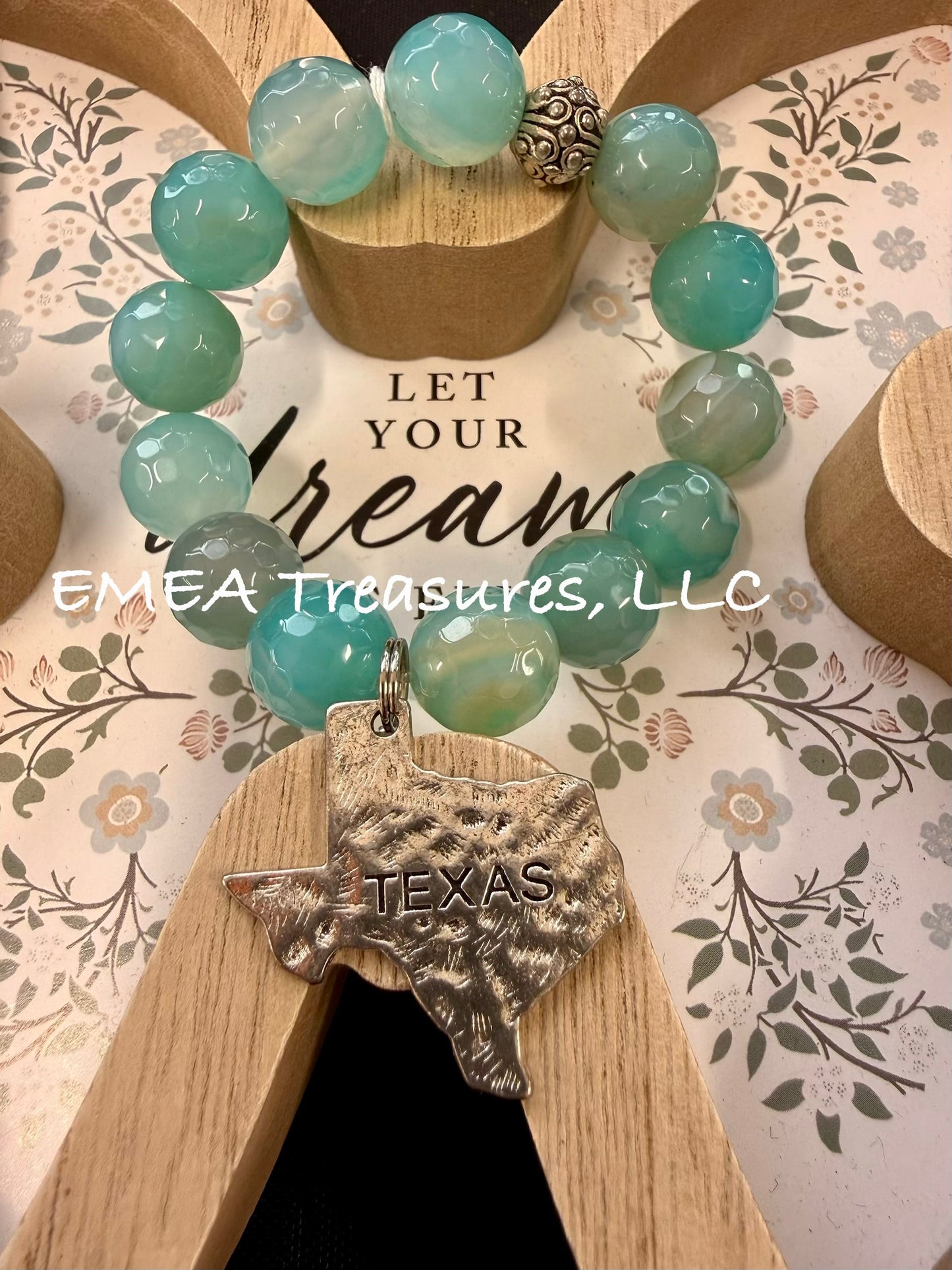 A - EMEA Treasures Handmade 14mm Agate Stone Stretch Bracelet with Silver-tone Texas Charm and Silver-tone Spacer