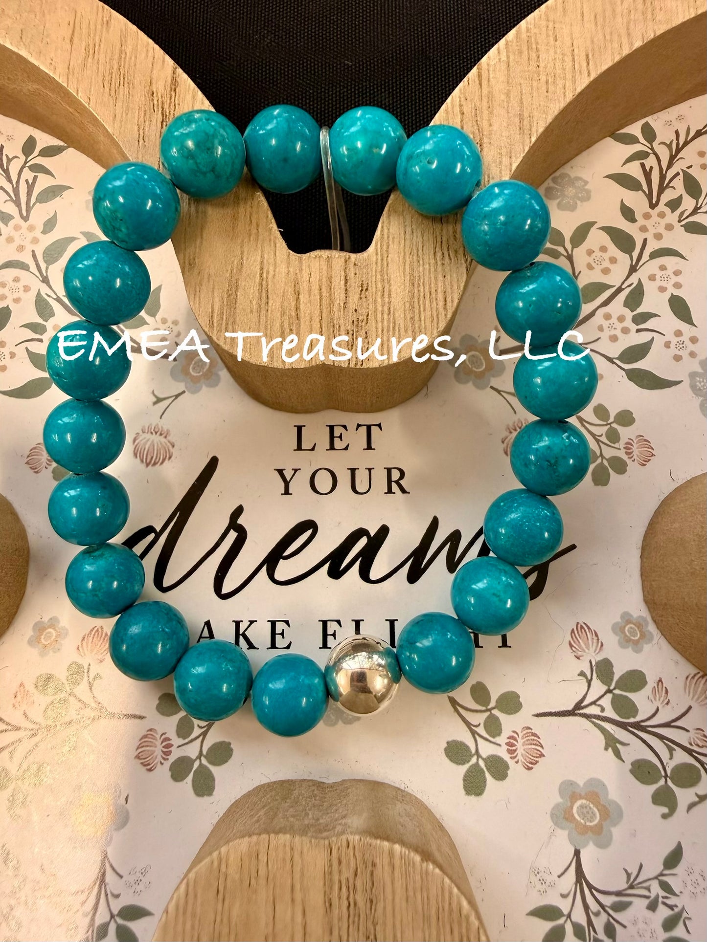 A - EMEA Treasures Handmade 10mm Turquoise Howlite Stones Stretch Bracelet with Sterling Silver Spacer