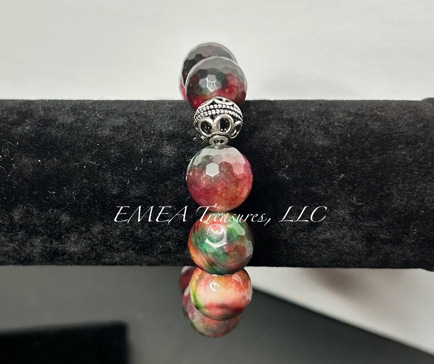 A - EMEA Treasures Handmade 14mm Agate Stone Stretch Bracelet with Sterling Silver Spacer