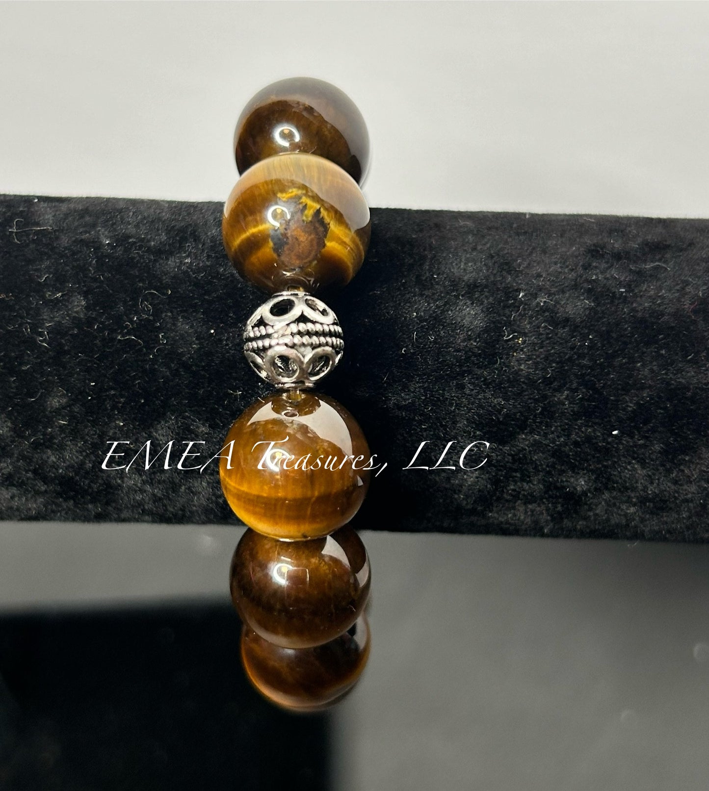 A - EMEA Treasures Handmade 16mm Tiger Eye Stones Stretch Bracelet with Sterling Silver Spacer