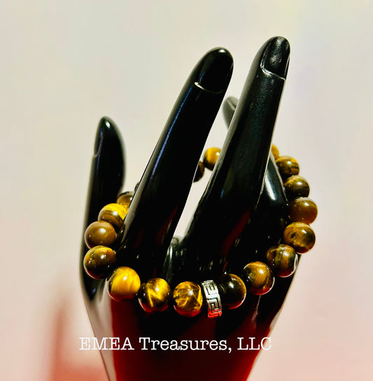 A - Handmade 10mm Tiger Eye Stones Stretch Bracelet with Silver-tone Spacer