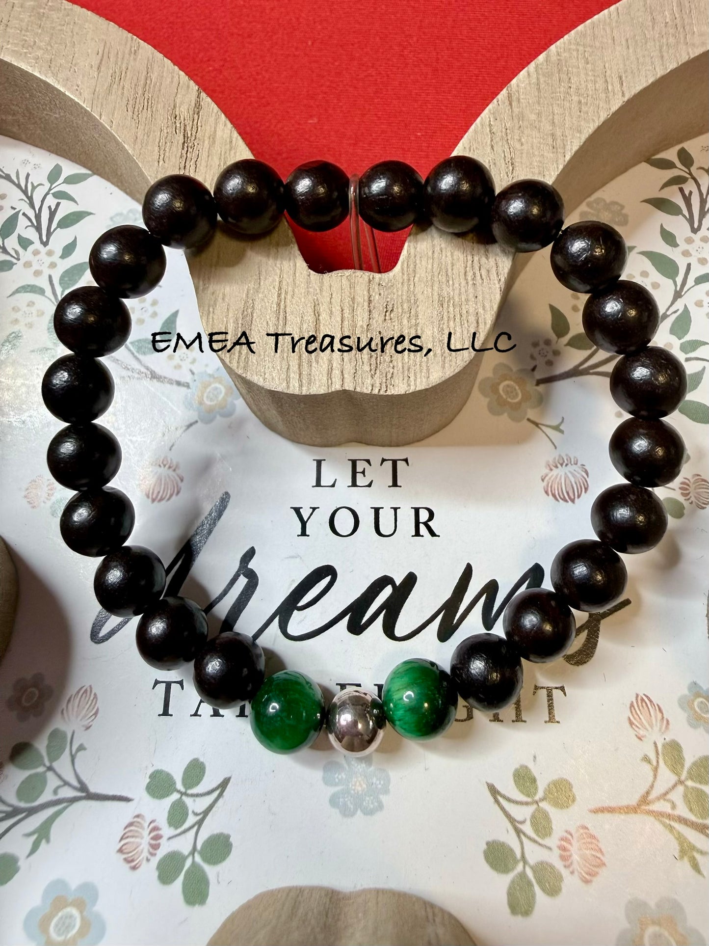 A - EMEA Treasures Handmade 8mm Granadilla Wood Beads and Tiger Eye Stones Stretch Bracelet with Sterling Silver Spacer