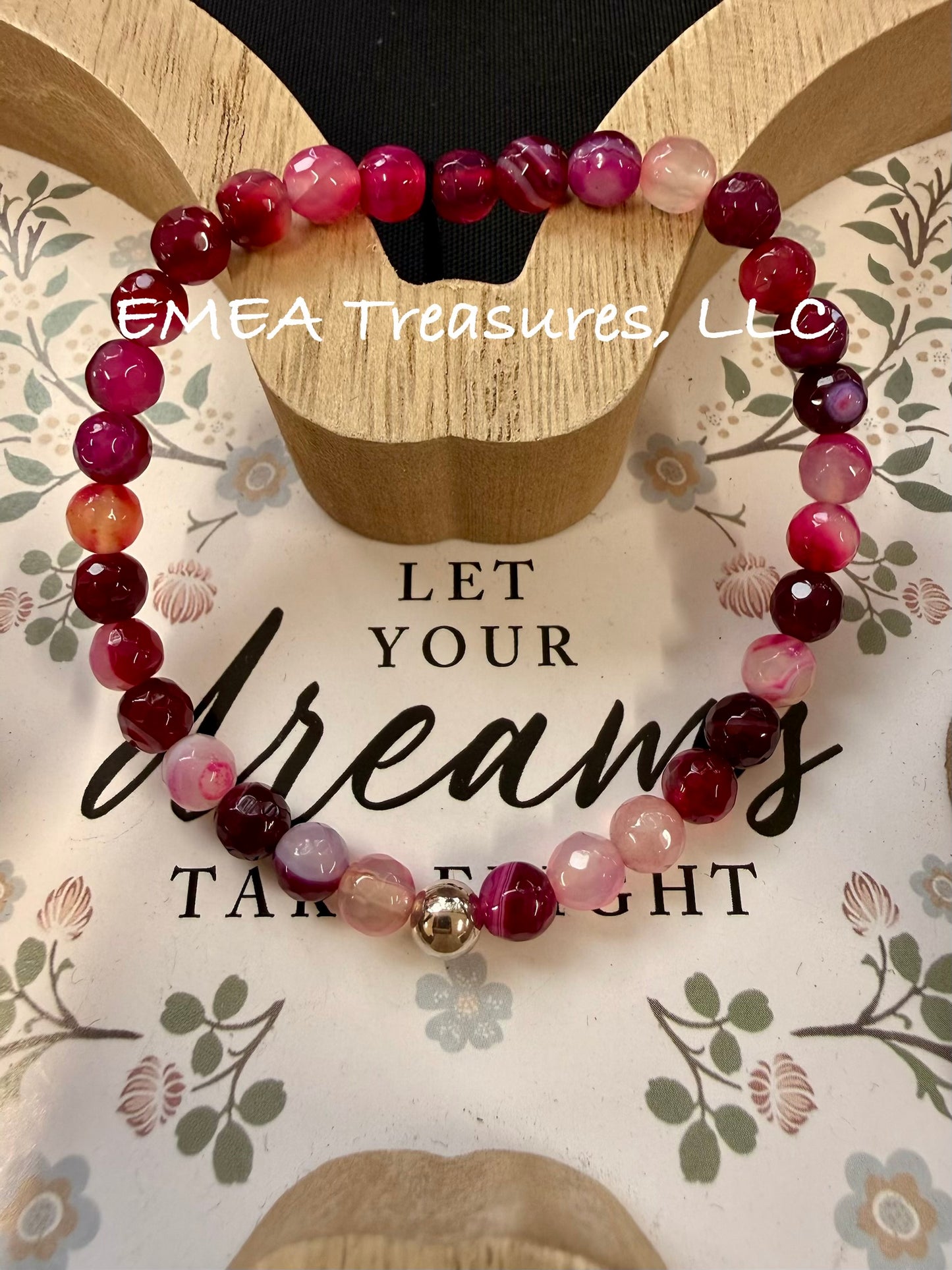 A - EMEA Treasures Handmade 6mm Agate Stone Stretch Bracelet with Sterling Silver Spacer