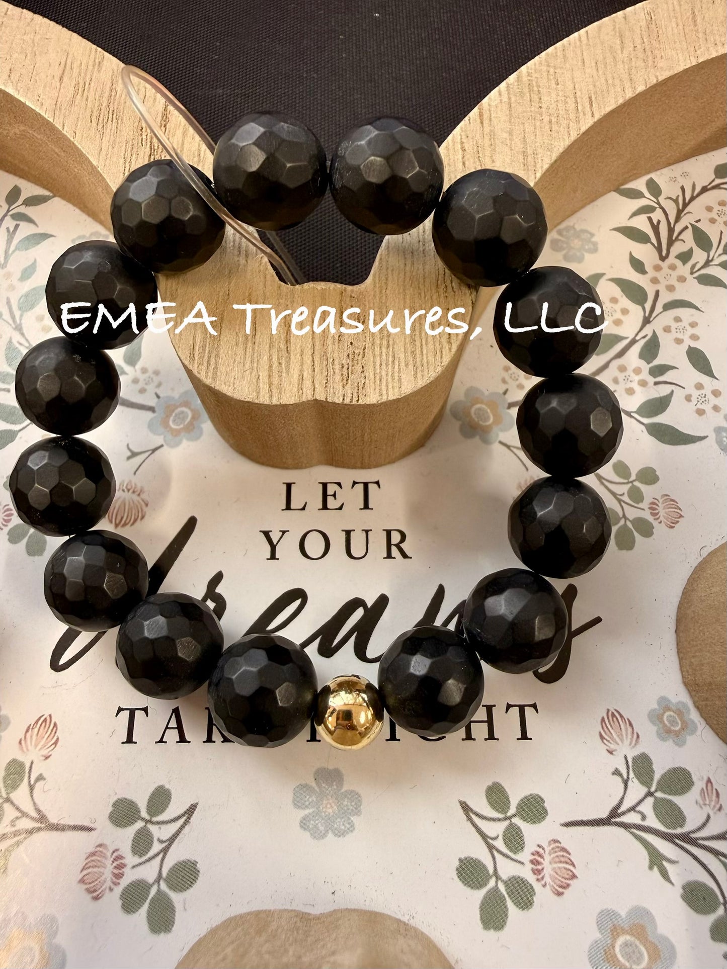 A - EMEA Treasures Handmade 12mm Black Onyx Stones Stretch Bracelet with Gold Filled Spacer
