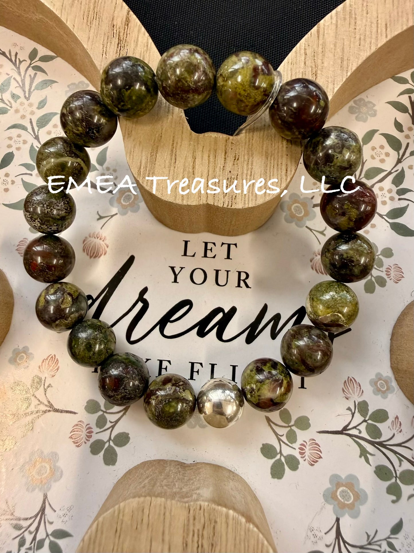 A - EMEA Treasures Handmade 10mm African Bloodstone Stretch Bracelet with Sterling Silver Spacer