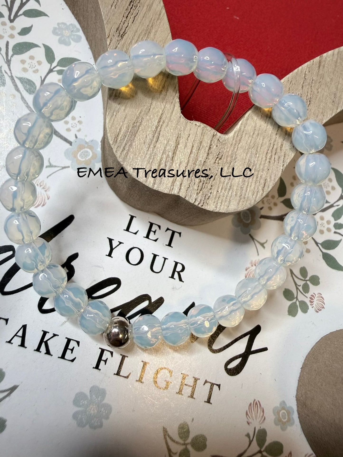 A - EMEA Treasures Handmade 6mm Opalite Glass Beads Stretch Bracelet with Sterling Silver Spacer