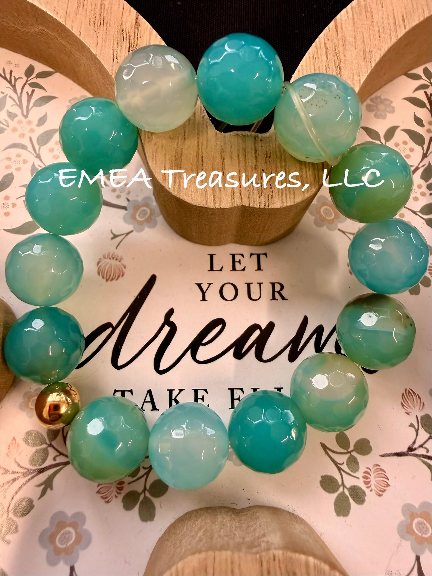A - EMEA Treasures Handmade 14mm Agate Stone Stretch Bracelet with Gold Filled Spacer