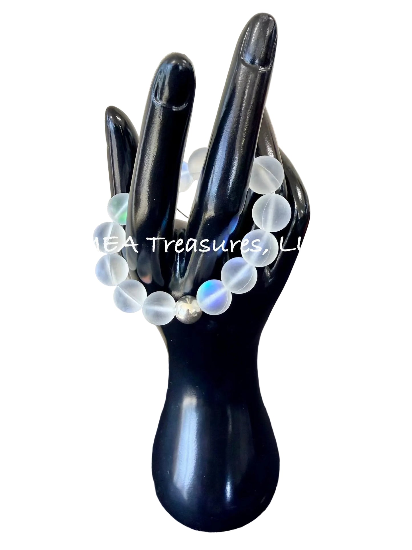 A - EMEA Treasures Handmade 12mm White Spectrolite Quartz Matte Stretch Bracelet with Sterling Silver Spacer