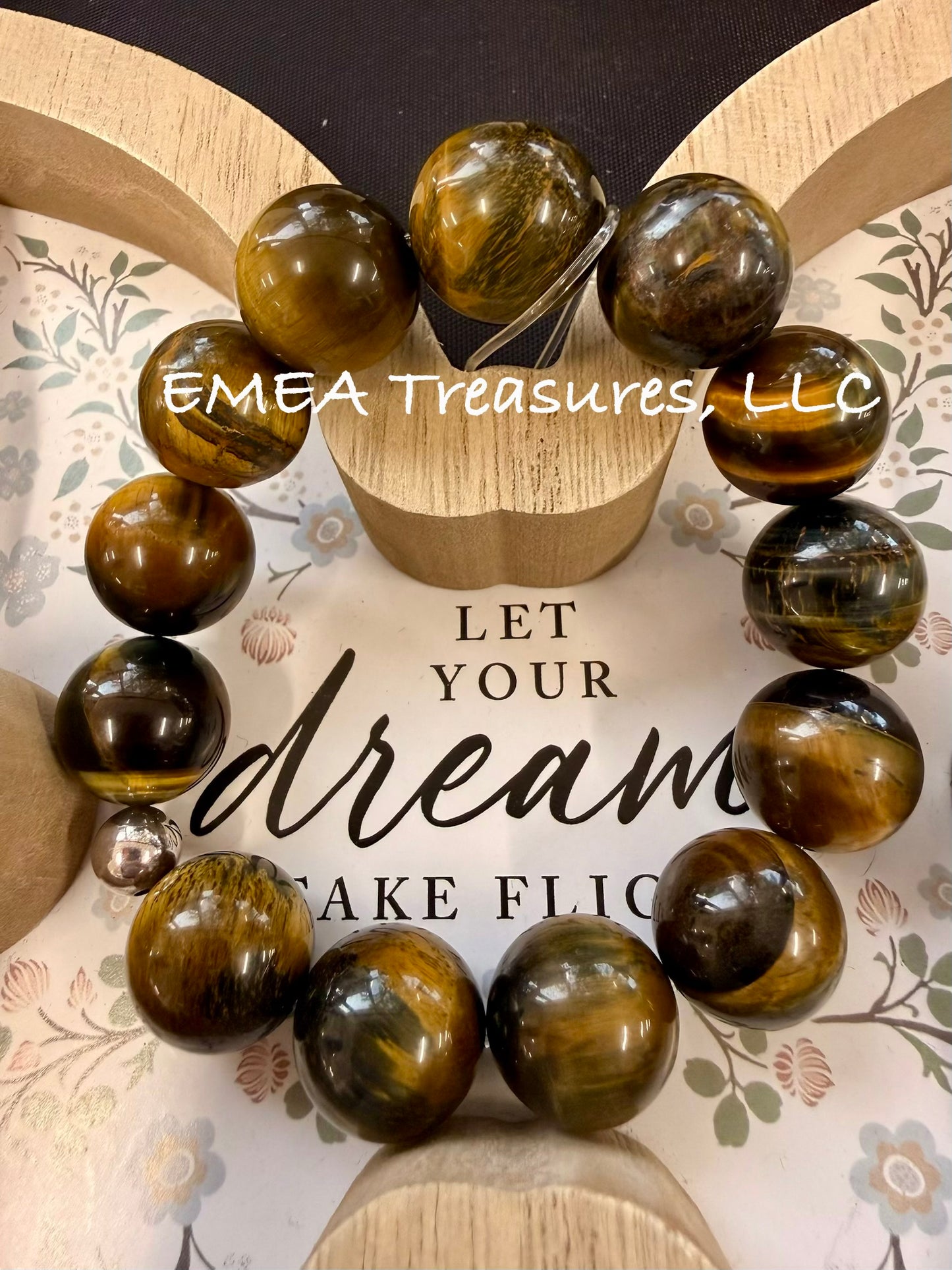 A - EMEA Treasures Handmade 16mm Tiger Eye Stones Stretch Bracelet with Sterling Silver Spacer