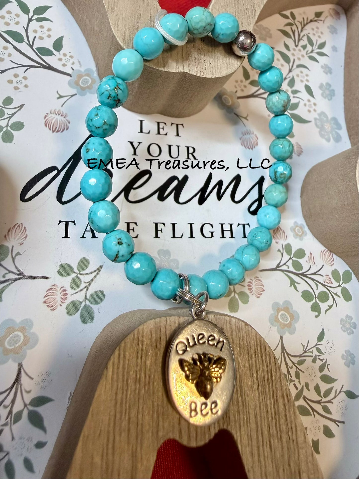 A - EMEA Treasures Handmade 6mm White Turquoise Stretch Bracelet with Sterling Silver Spacer and Sterling Silver Charm with Bronze Bee