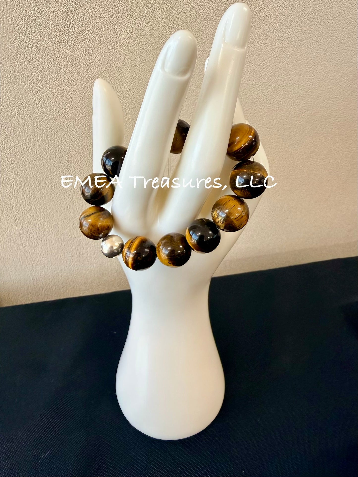 A - EMEA Treasures Handmade 14mm Tiger Eye Stones Stretch Bracelet with Sterling Silver Spacer