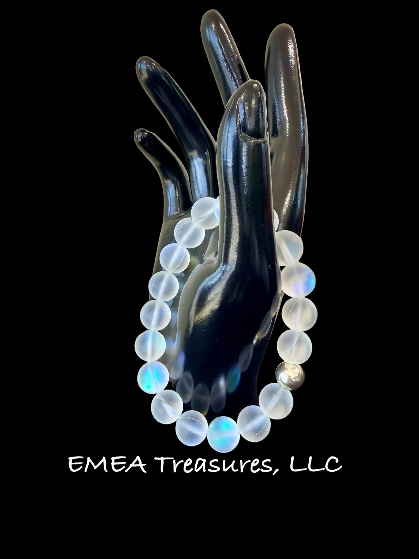 A - EMEA Treasures Handmade 12mm White Spectrolite Quartz Matte Stretch Bracelet with Sterling Silver Spacer