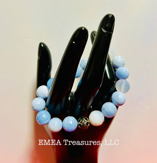 A - Handmade 12mm Agate Stones Stretch Bracelet with Sterling Silver Spacer