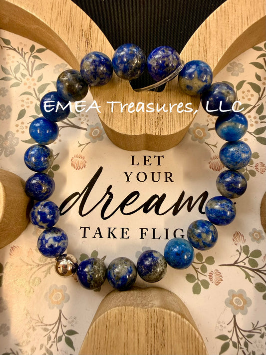A - EMEA Treasures Handmade 10mm Lapis Lazuli Stones Stretch Bracelet with Sterling Silver Spacer