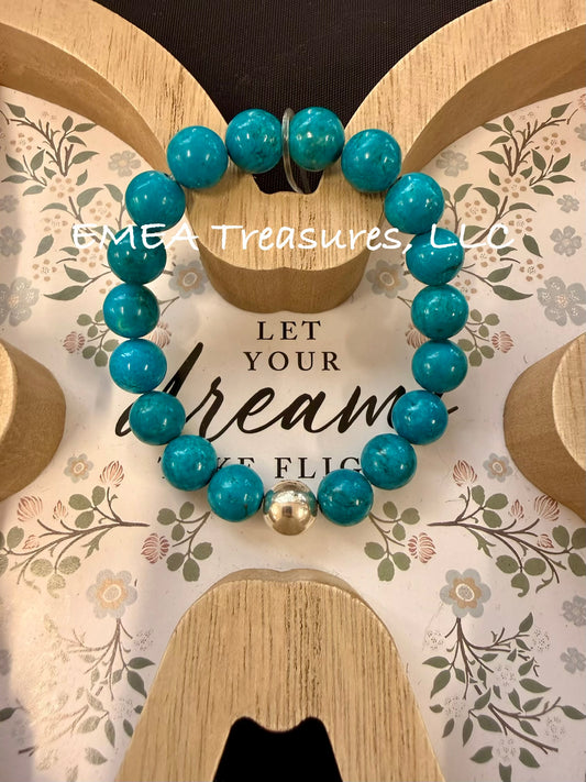 A - EMEA Treasures Handmade 10mm Turquoise Howlite Stones Stretch Bracelet with Sterling Silver Spacer