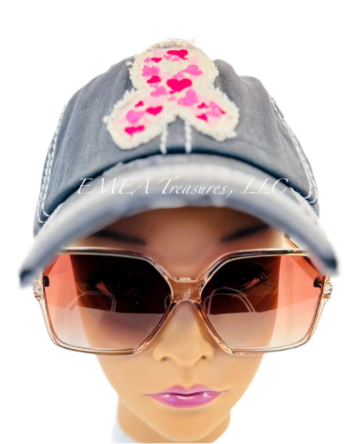 Cap - Pink/Red Hearts Cancer Symbol - Black