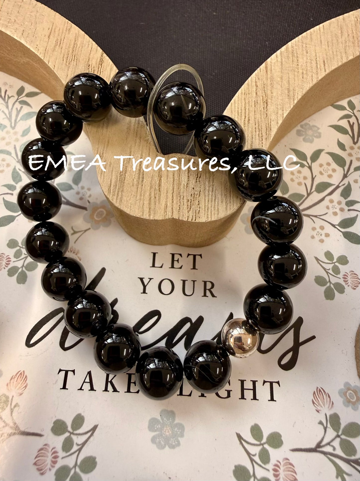 A - EMEA Treasures Handmade 10mm Black Onyx Stones Stretch Bracelet with Sterling Silver Spacer