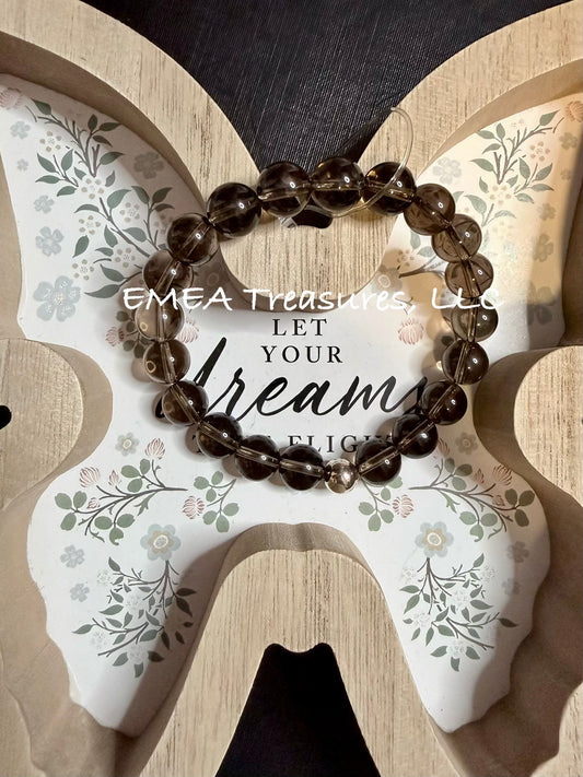 A - EMEA Treasures Handmade 10mm Smokey Quartz Stones Stretch Bracelet with Sterling Silver Spacer