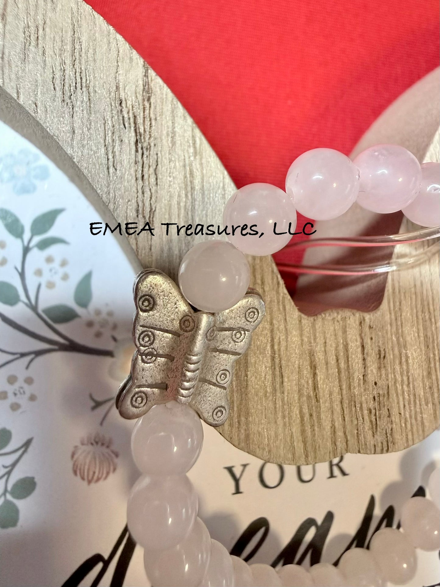 A - EMEA Treasures Handmade 6mm Rose Quartz Stones Stretch Bracelet with Sterling Silver Spacer and Sterling Silver Butterfly