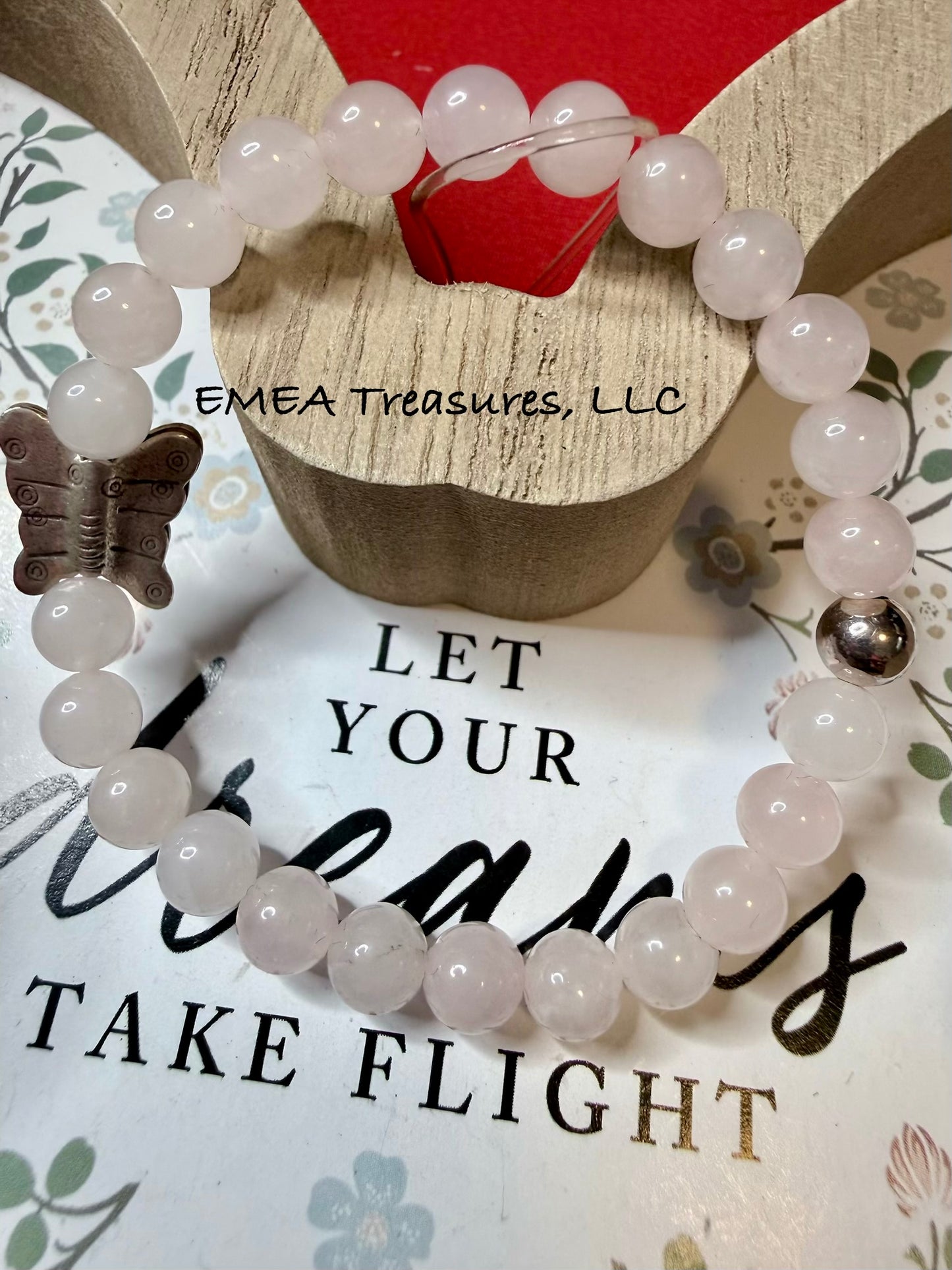 A - EMEA Treasures Handmade 6mm Rose Quartz Stones Stretch Bracelet with Sterling Silver Spacer and Sterling Silver Butterfly