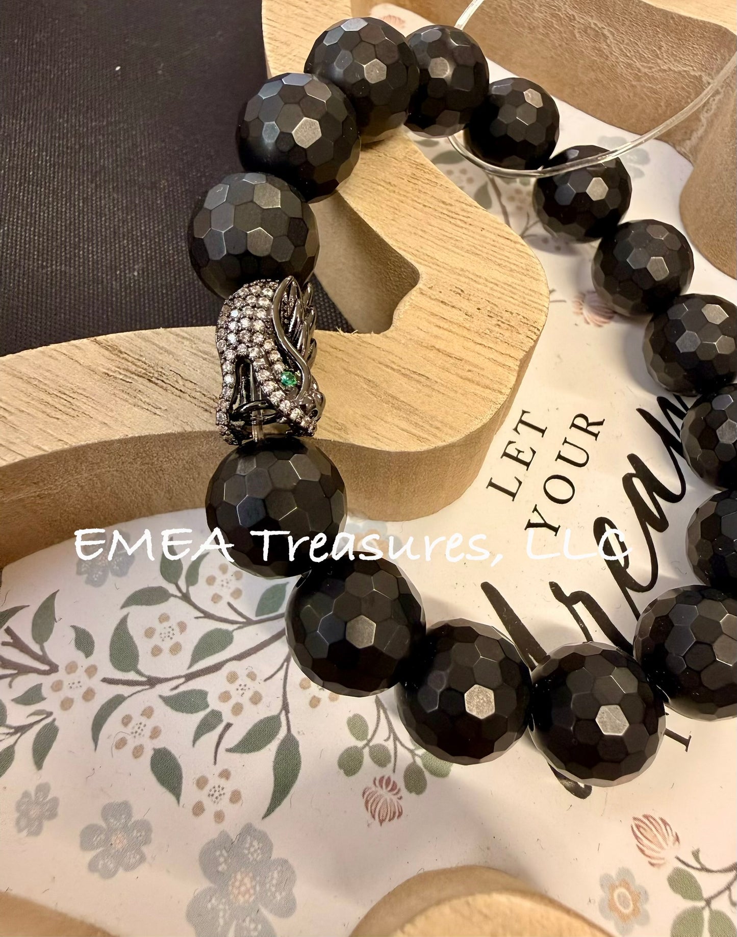 A - EMEA Treasures Handmade 14mm Faceted Black Matte Onyx Stones Stretch Bracelet with Cubic Zirconia Micro Pave Dragon Head Spacer