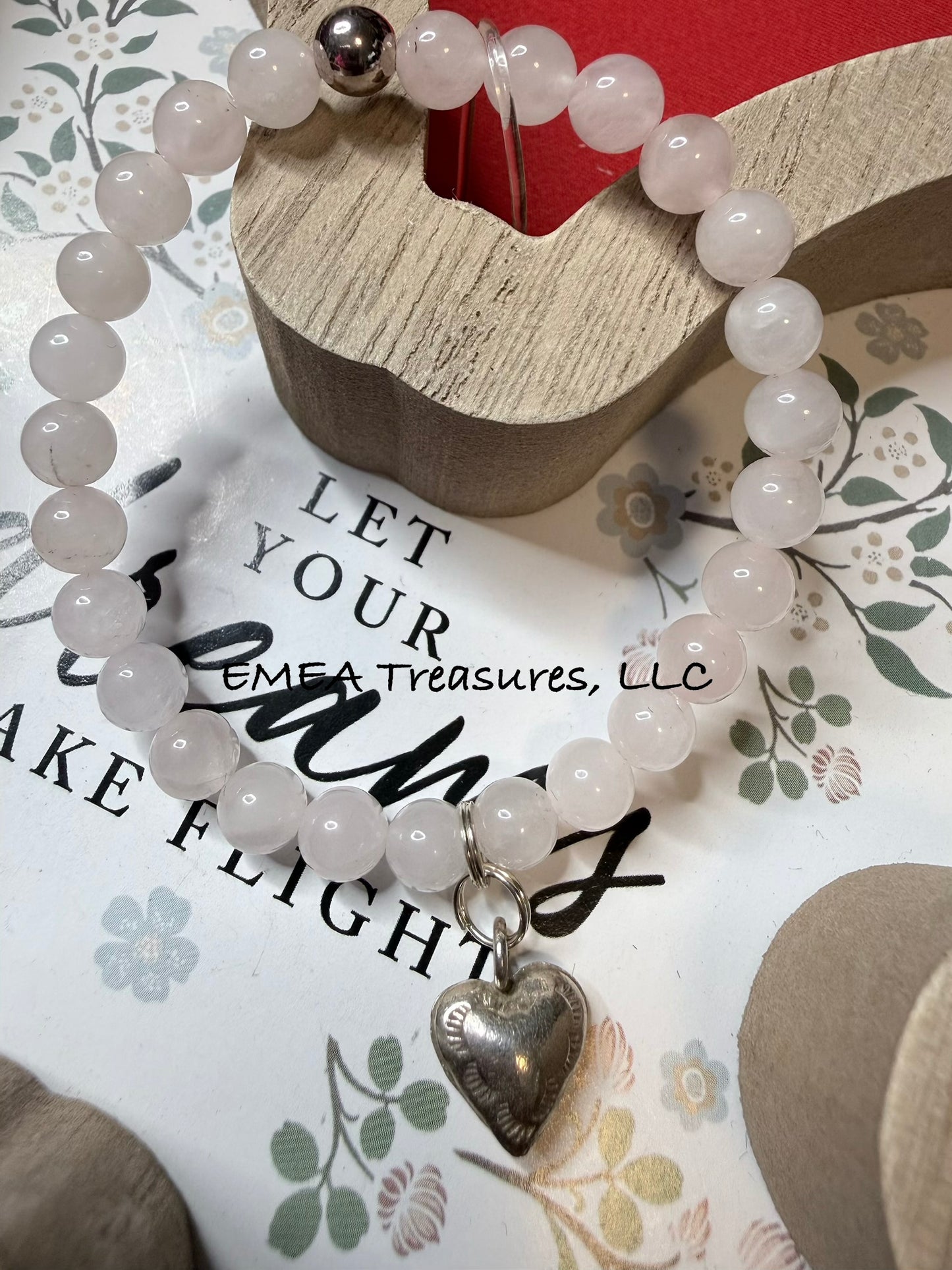 A - EMEA Treasures Handmade 6mm Rose Quartz Stones Stretch Bracelet with Sterling Silver Spacer and Sterling Silver Heart