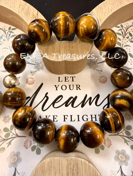 A - EMEA Treasures Handmade 14mm Tiger Eye Stones Stretch Bracelet with Sterling Silver Spacer