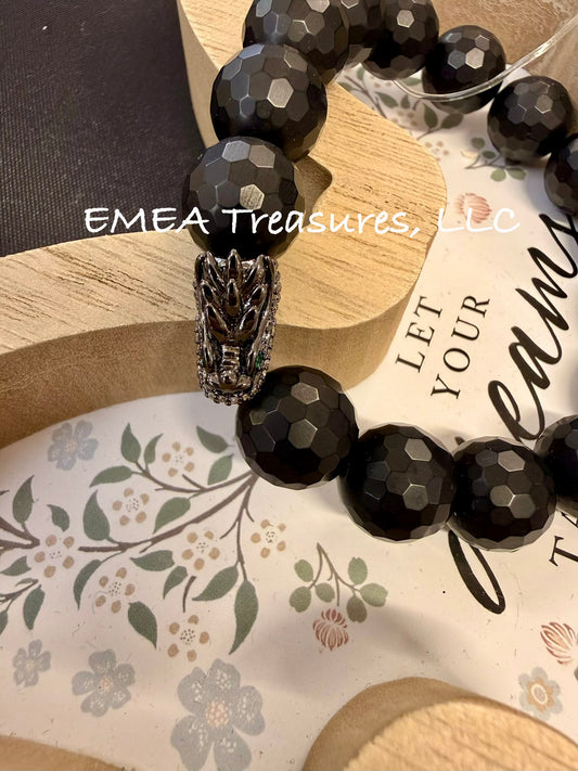 A - EMEA Treasures Handmade 14mm Faceted Black Matte Onyx Stones Stretch Bracelet with Cubic Zirconia Micro Pave Dragon Head Spacer