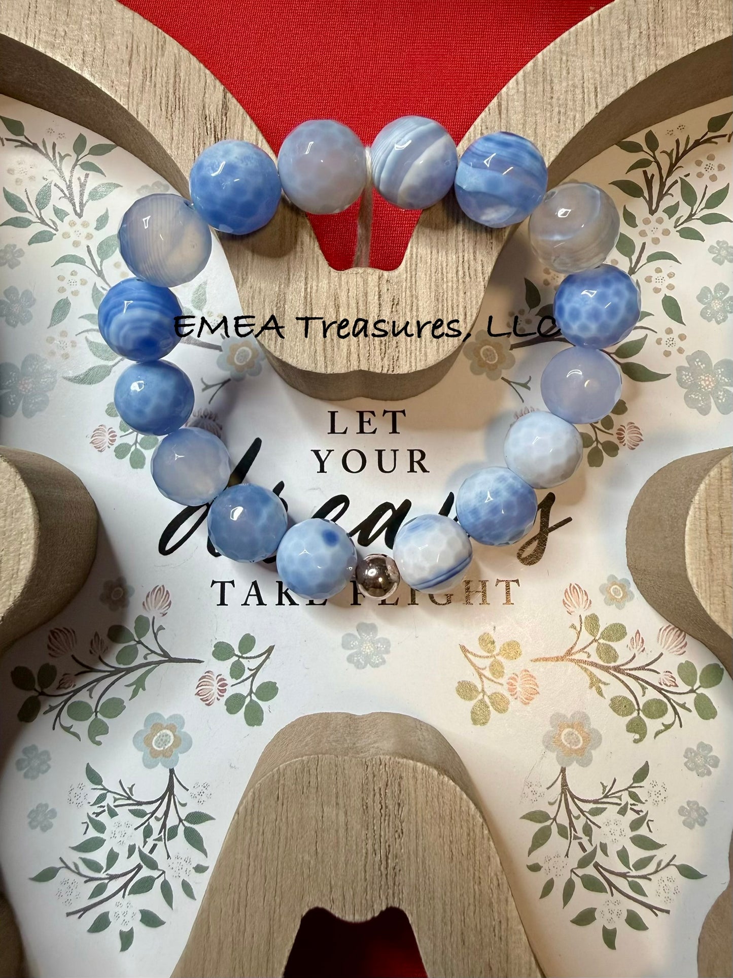 A - EMEA Treasures Handmade 12mm Agate Stone Stretch Bracelet with Sterling Silver Spacer