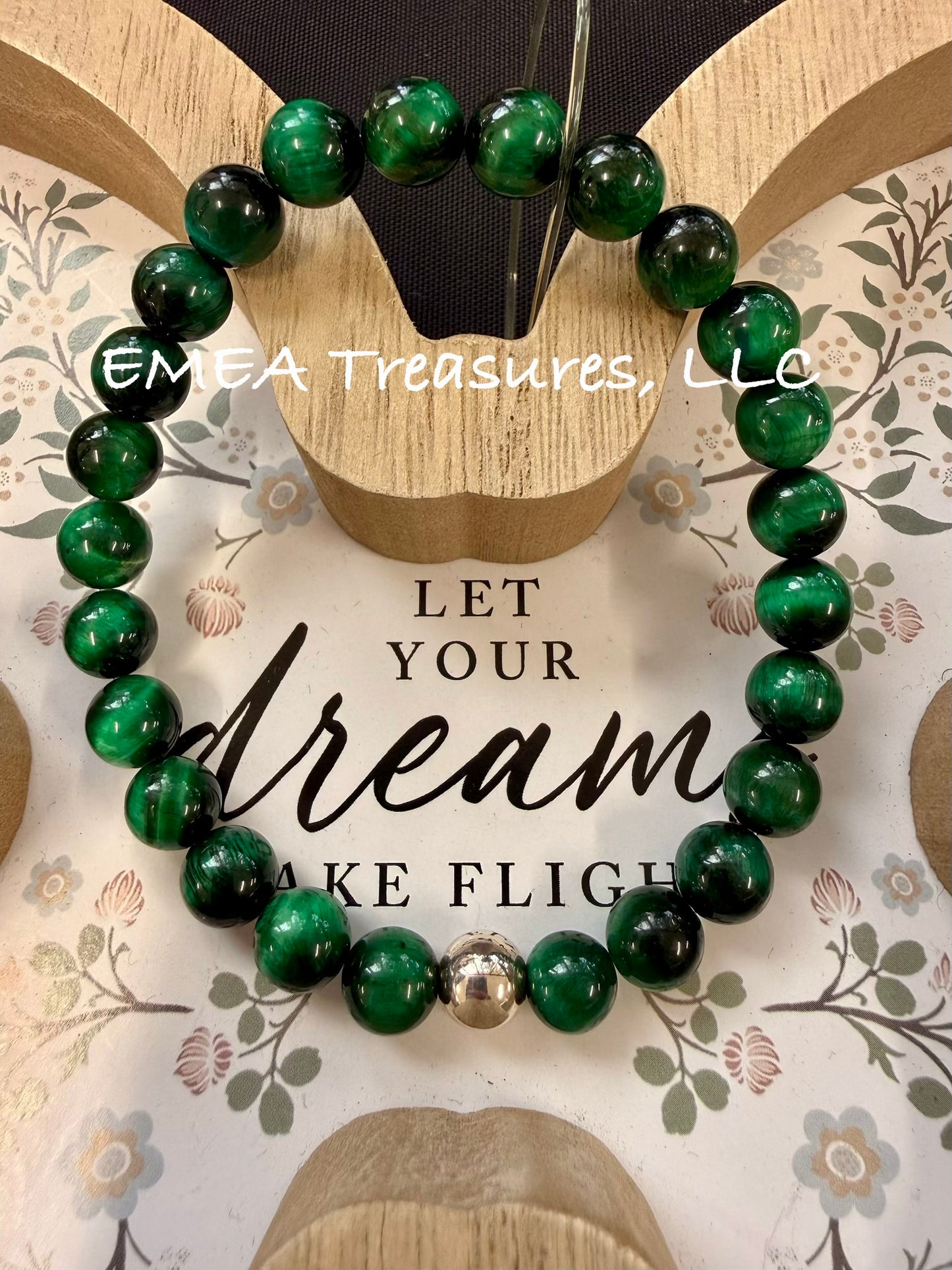A - EMEA Treasures Handmade 8mm Tiger Eye Stones Stretch Bracelet with Sterling Silver Spacer