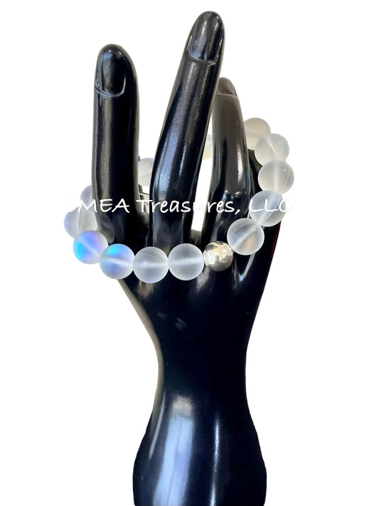 A - EMEA Treasures Handmade 12mm White Spectrolite Quartz Matte Stretch Bracelet with Sterling Silver Spacer