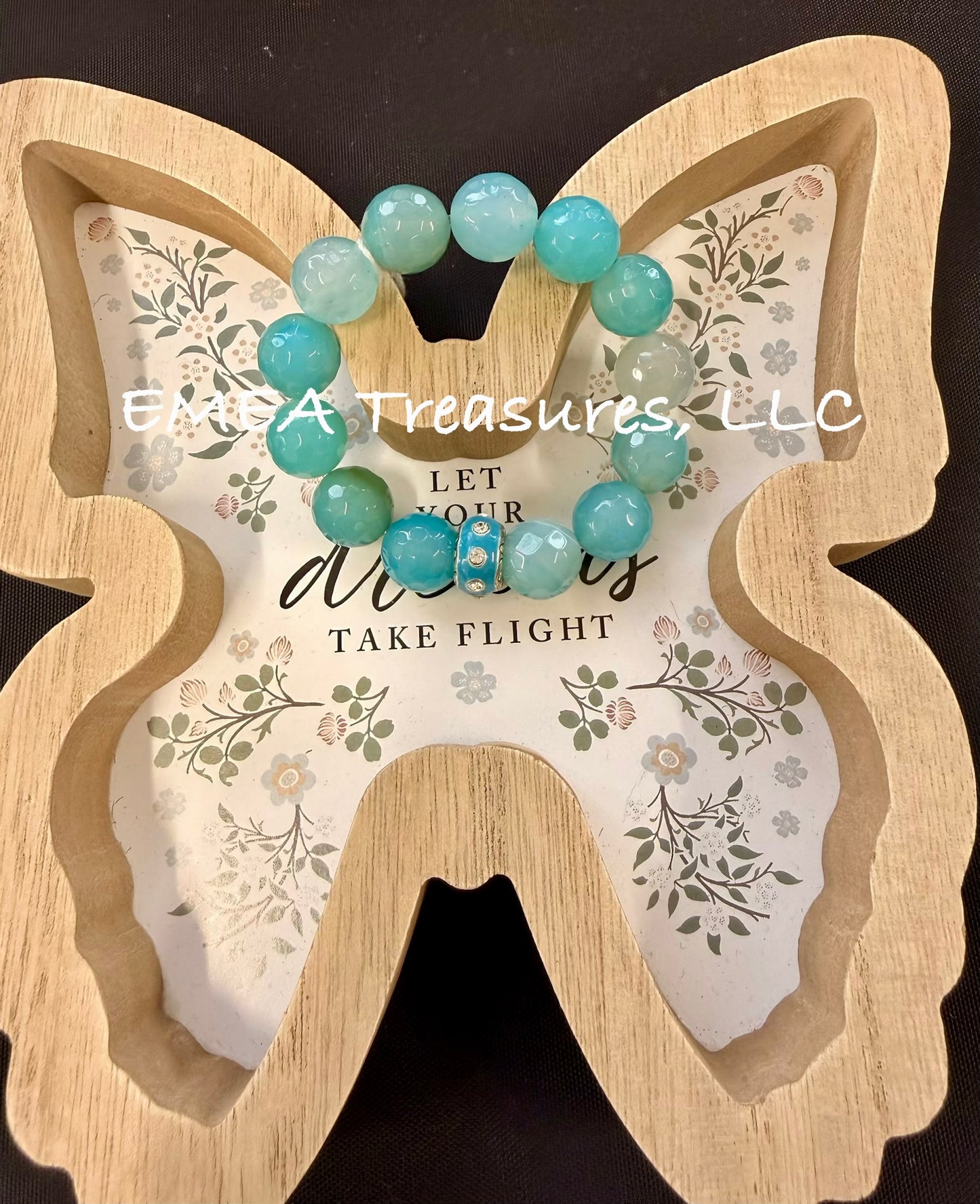 A - EMEA Treasures Handmade 14mm Agate Stone Stretch Bracelet with Blue and Silver-tone Spacer