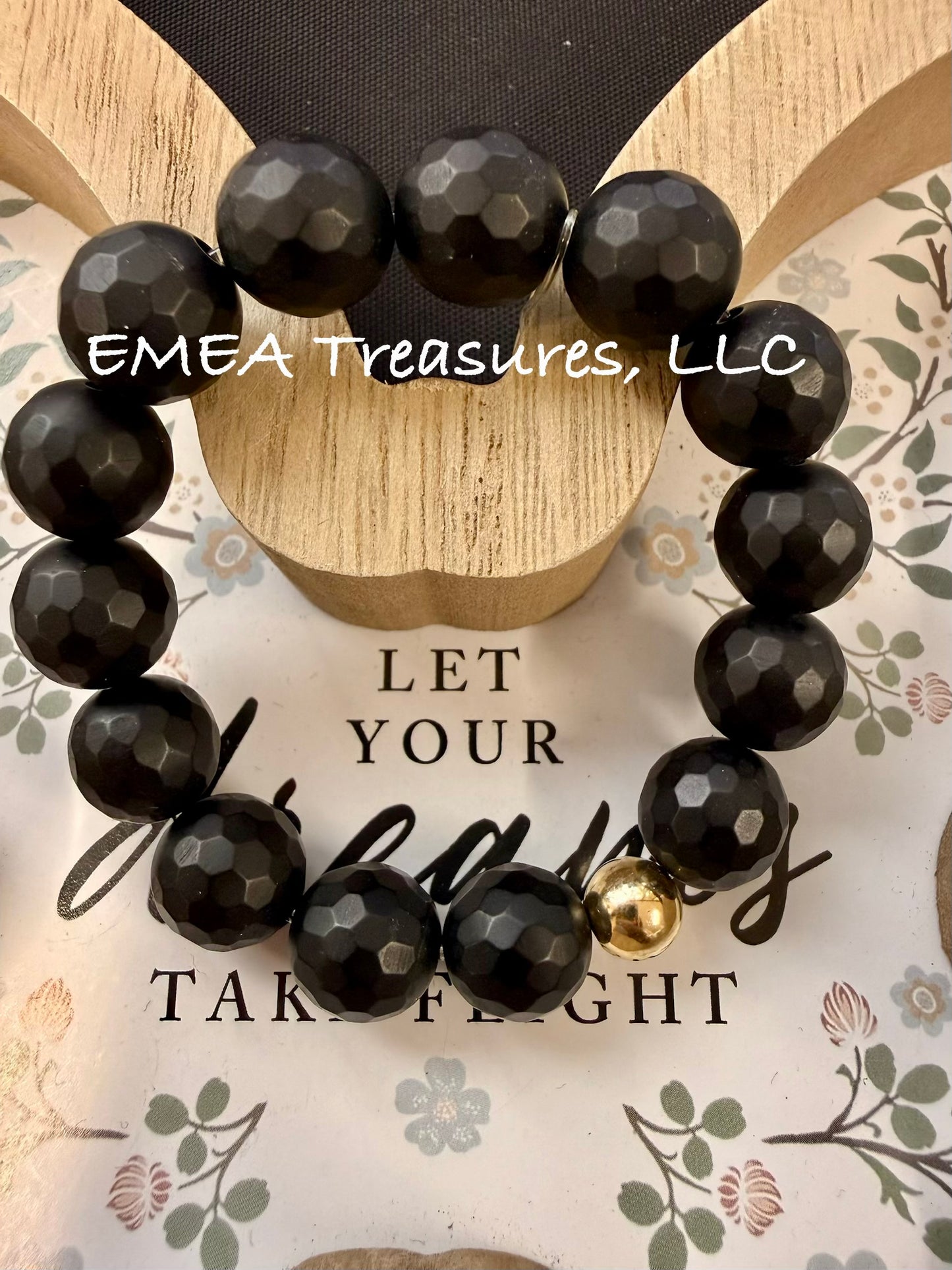 A - EMEA Treasures Handmade 12mm Black Onyx Stones Stretch Bracelet with Gold Filled Spacer