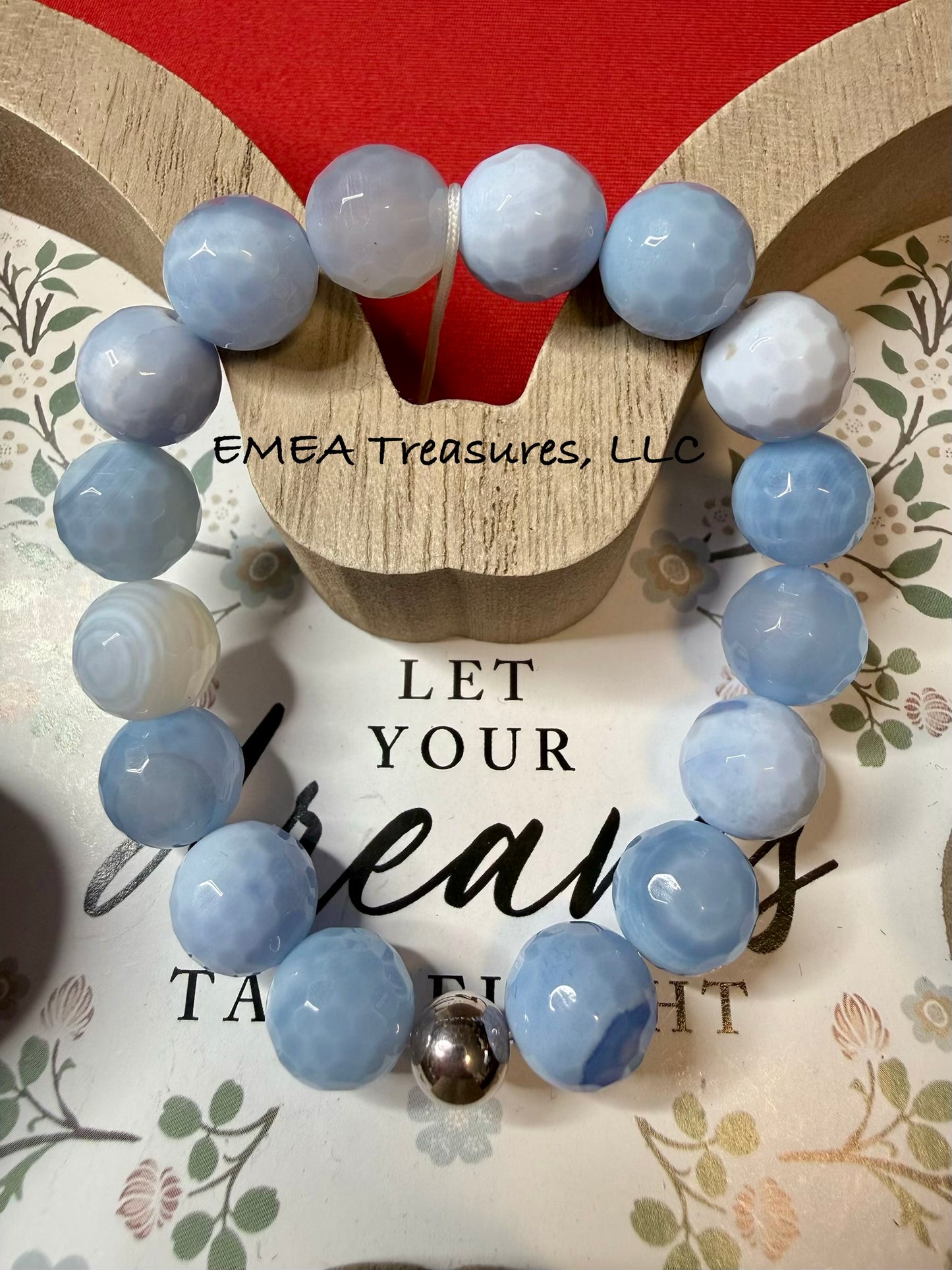 A - EMEA Treasures Handmade 12mm Agate Stone Stretch Bracelet with Sterling Silver Spacer