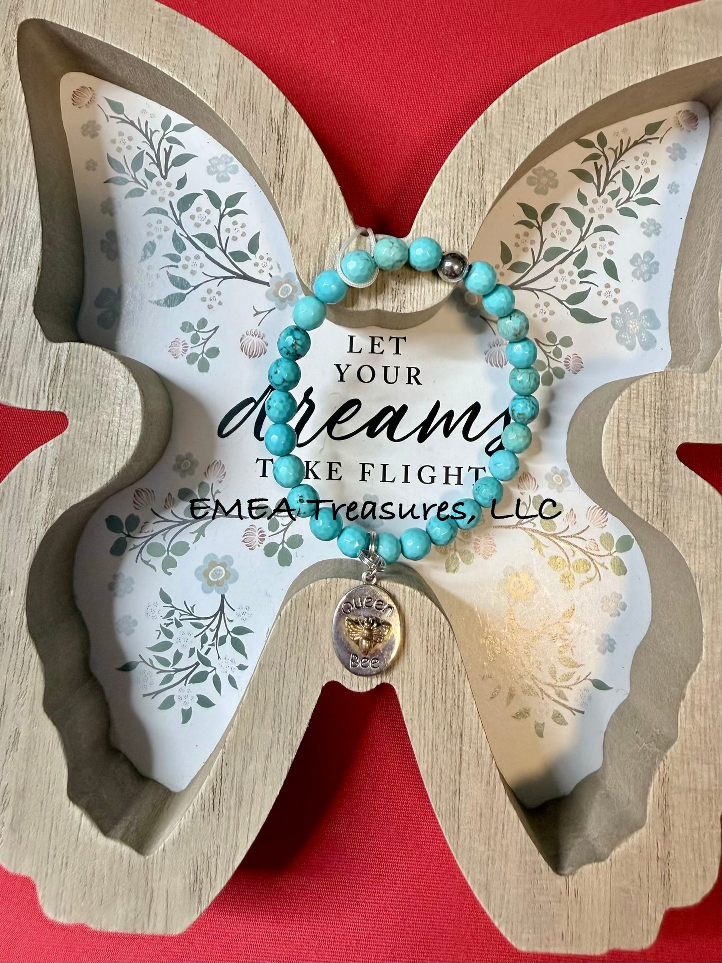 A - EMEA Treasures Handmade 6mm White Turquoise Stretch Bracelet with Sterling Silver Spacer and Sterling Silver Charm with Bronze Bee