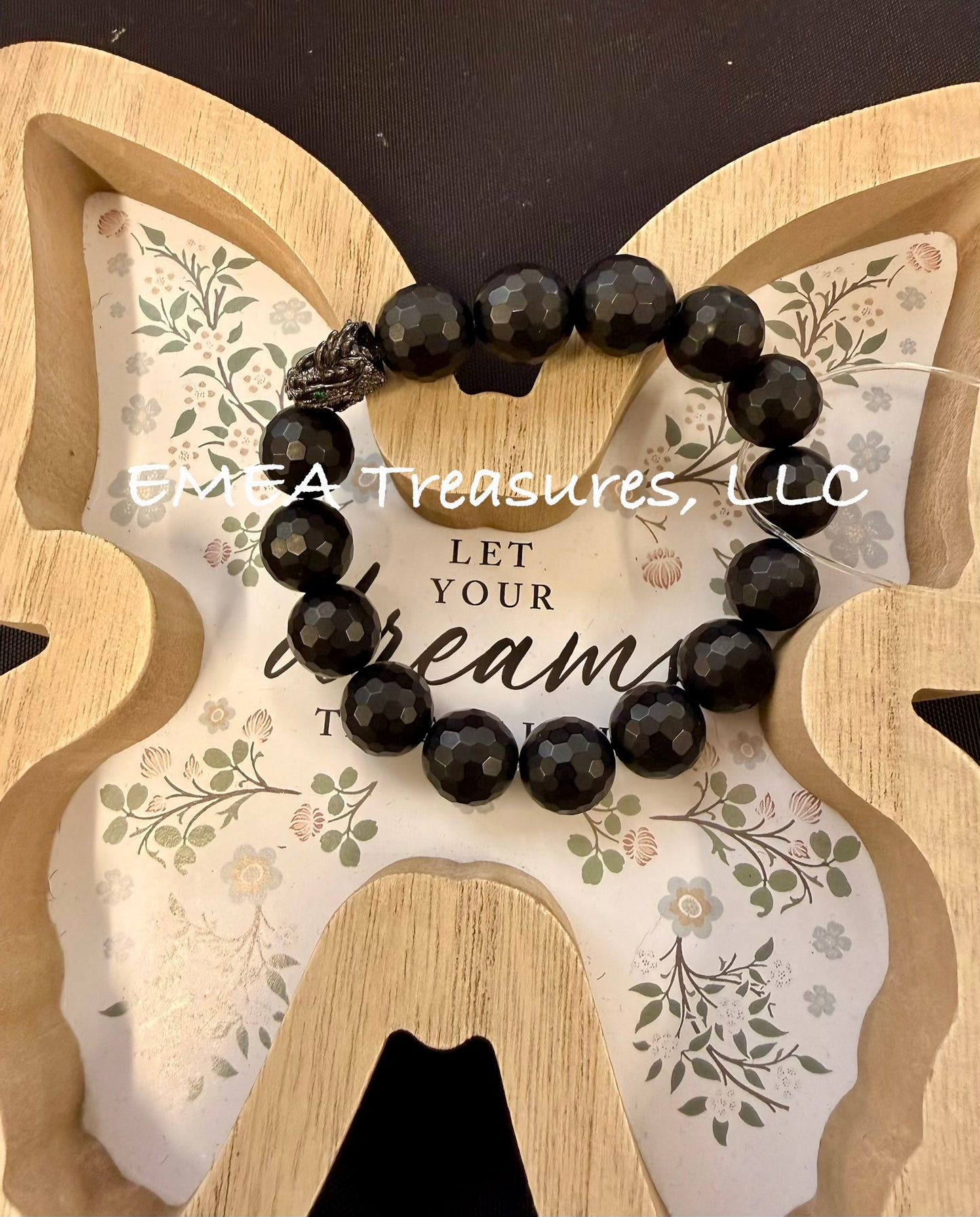 A - EMEA Treasures Handmade 14mm Faceted Black Matte Onyx Stones Stretch Bracelet with Cubic Zirconia Micro Pave Dragon Head Spacer