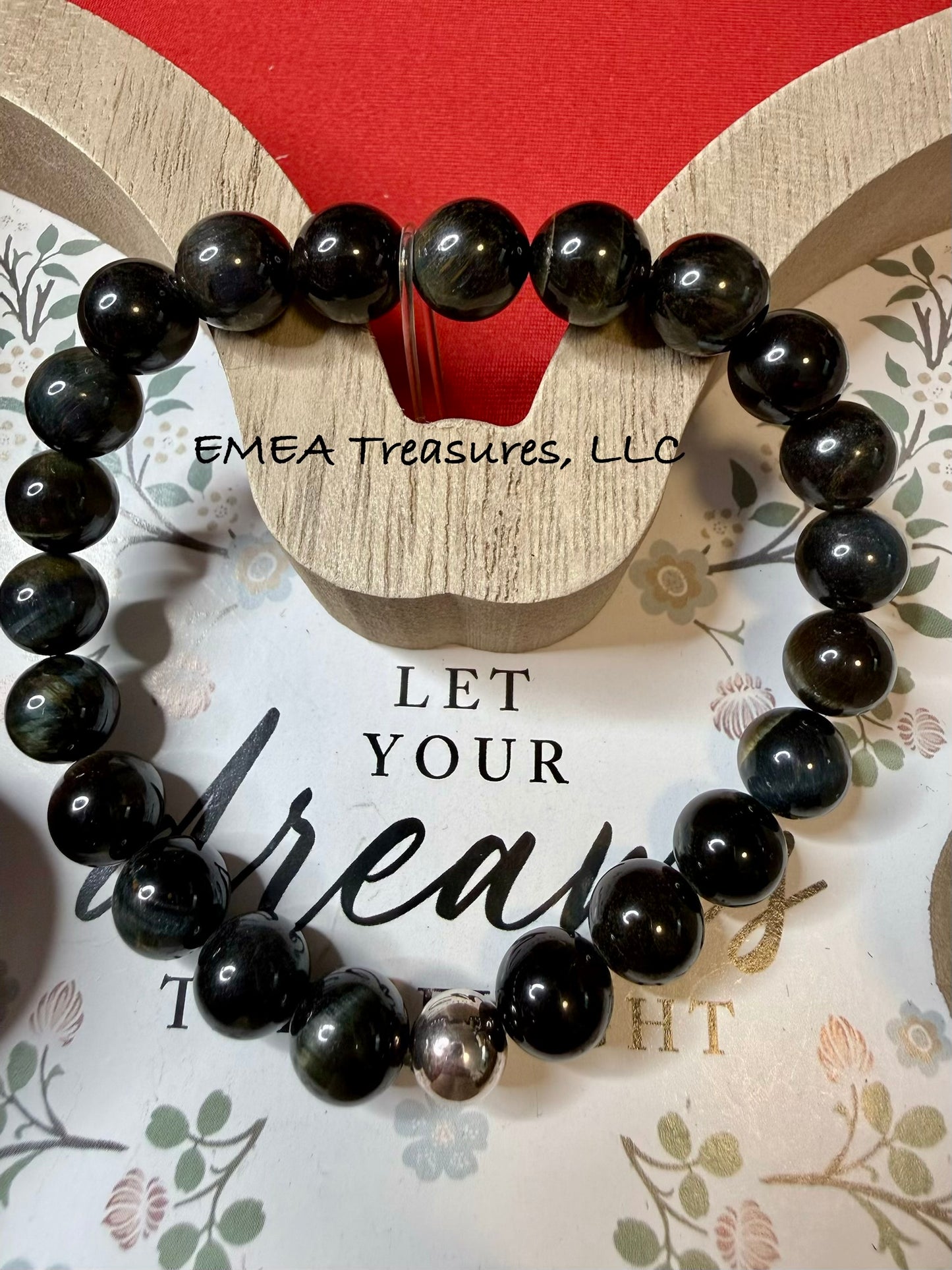 A - EMEA Treasures Handmade 10mm Blue Tiger Eye Stones Stretch Bracelet with Sterling Silver Spacer