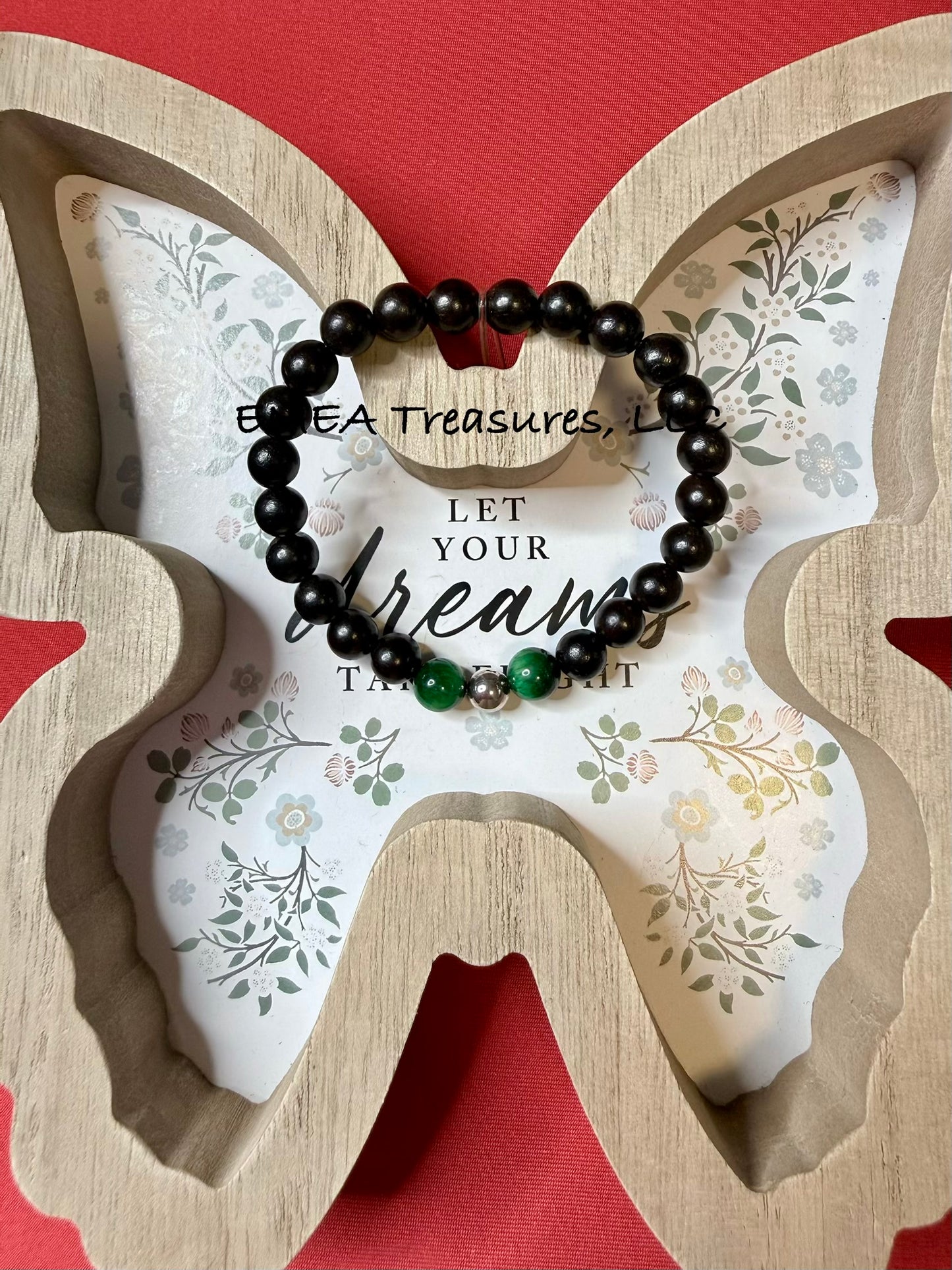 A - EMEA Treasures Handmade 8mm Granadilla Wood Beads and Tiger Eye Stones Stretch Bracelet with Sterling Silver Spacer