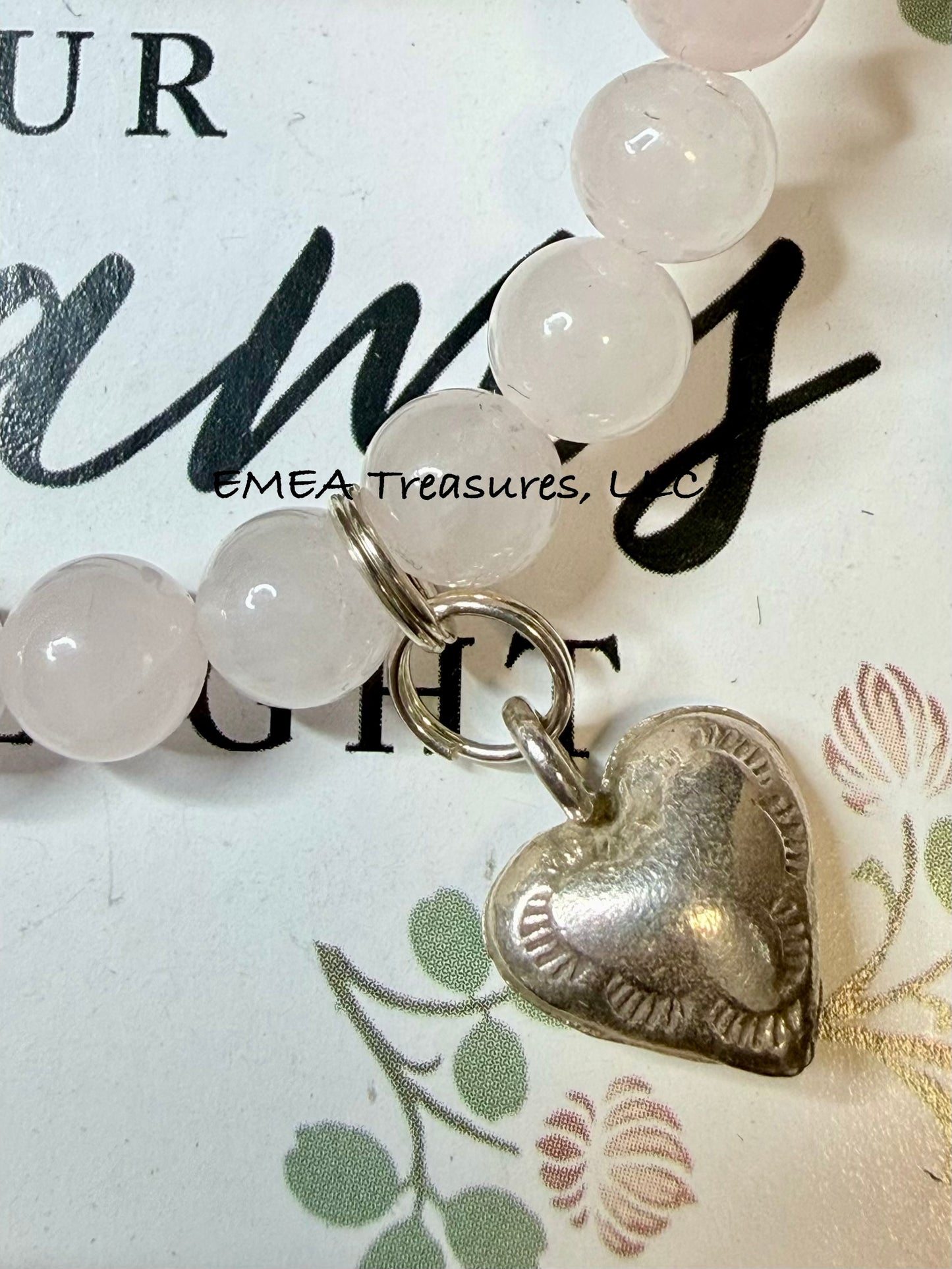 A - EMEA Treasures Handmade 6mm Rose Quartz Stones Stretch Bracelet with Sterling Silver Spacer and Sterling Silver Heart