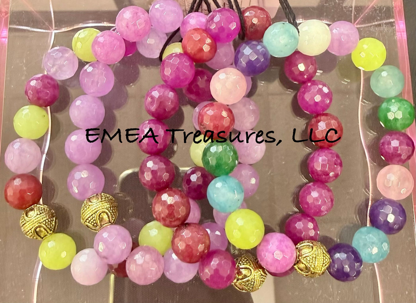 A - EMEA Treasures Handmade 12mm Agate Stone Stretch Bracelet Stack with Gold-tone Spacers
