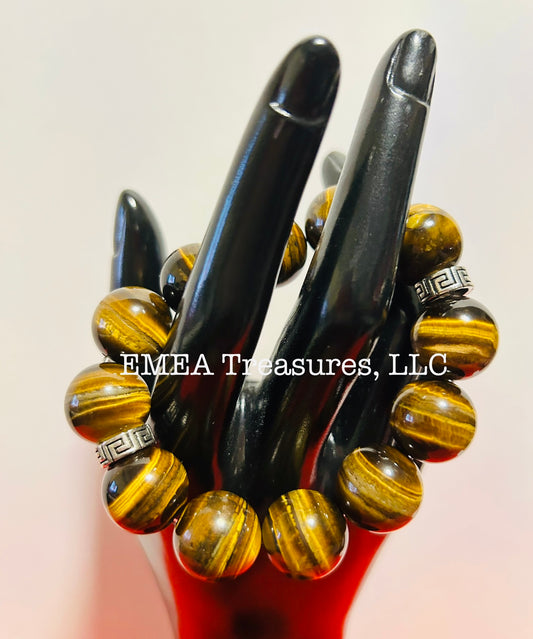 A - Handmade 16mm Tiger Eye Stones Stretch Bracelet with Silver-tone Spacers