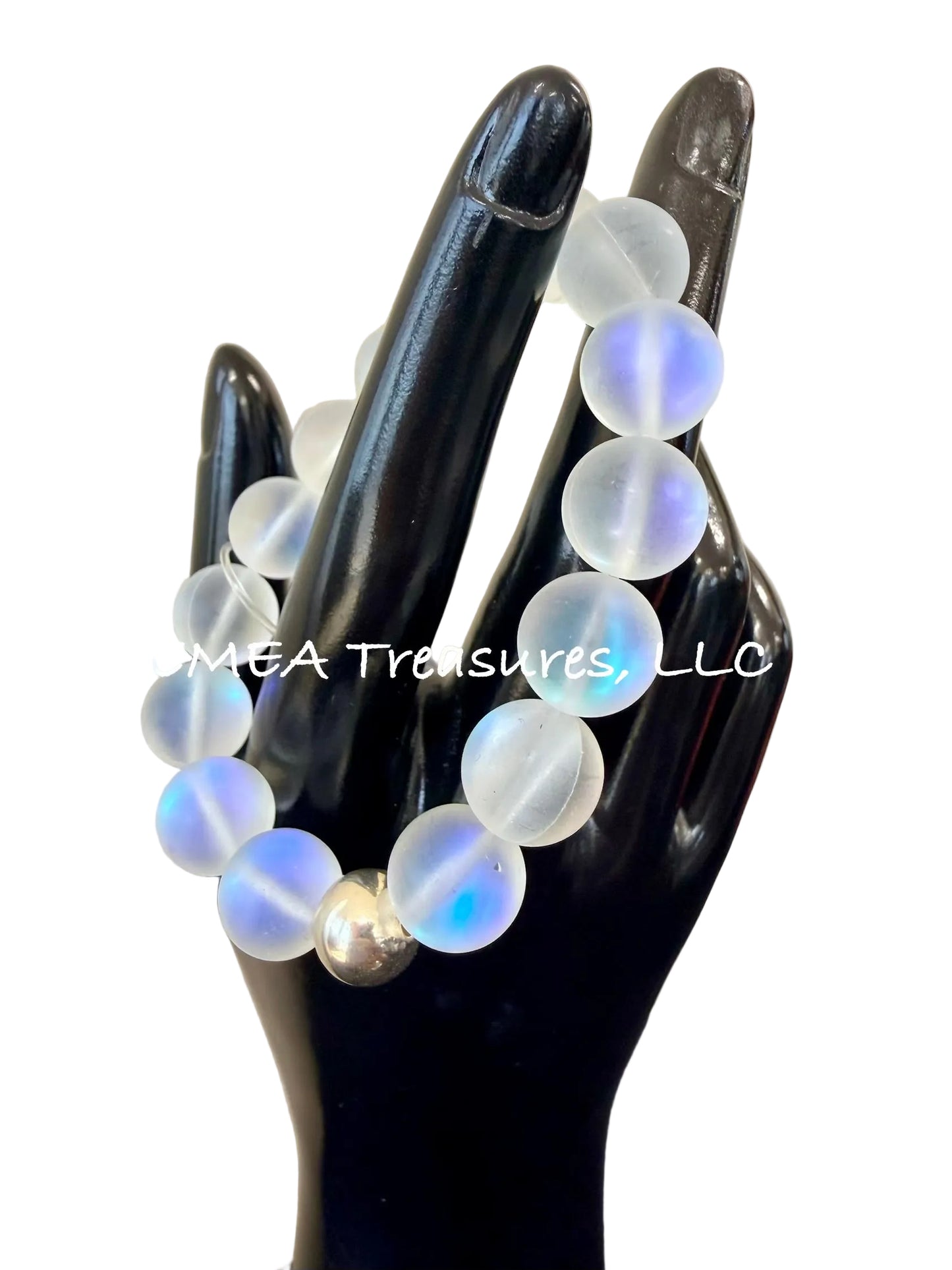 A - EMEA Treasures Handmade 12mm White Spectrolite Quartz Matte Stretch Bracelet with Sterling Silver Spacer